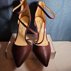 Jessica Simpson Wine Snakeskin Pumps 9M Ankle Strap Pointed Toe Zipper Heels 40