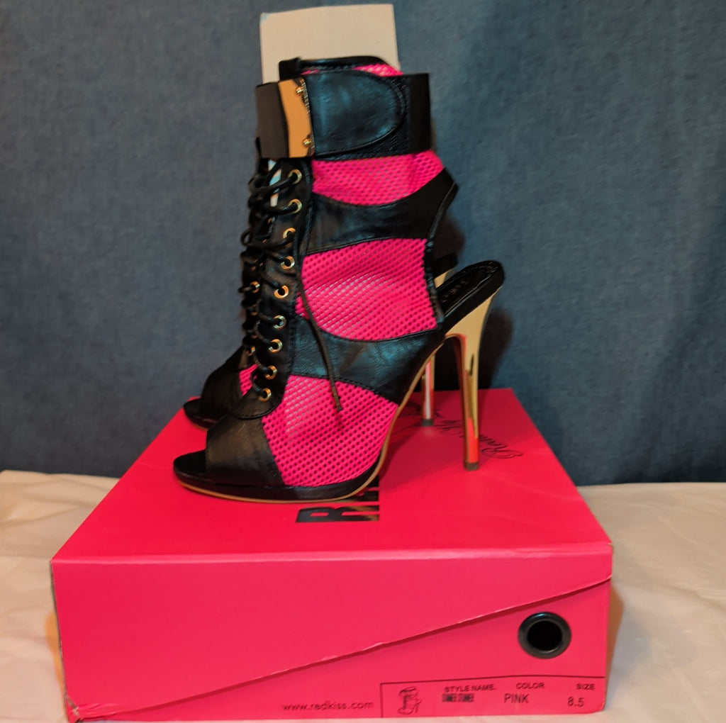 RedKiss Summer Stunner Heels Size 8.5 Pink Black Lace Up Caged Stiletto