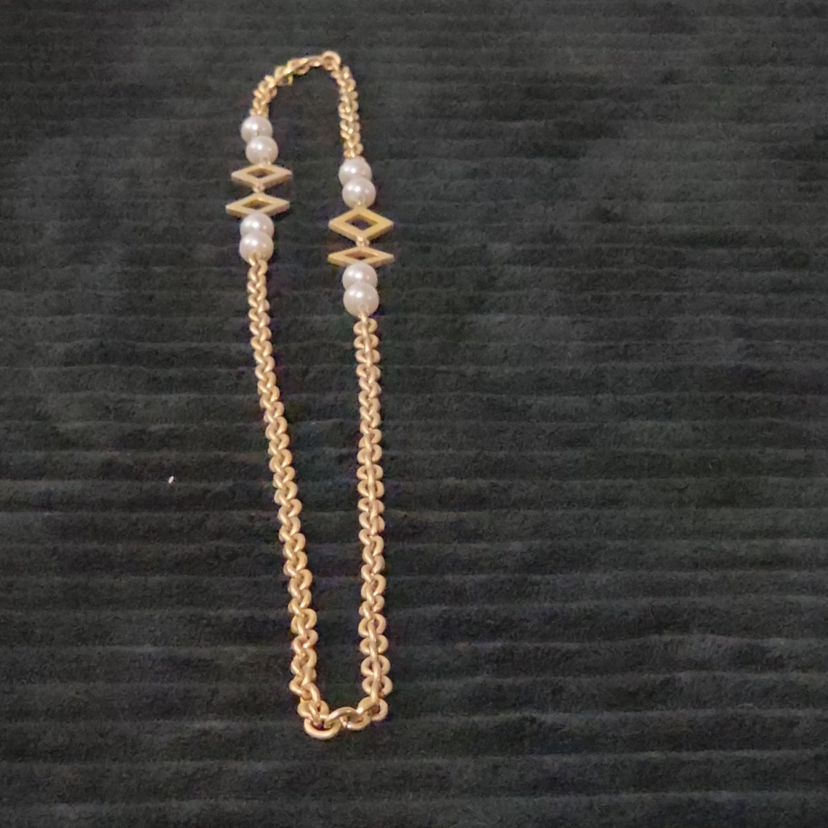 Vintage Gold Tone Geometric Necklace Long Pearl Station Diamond Link Chain 32"