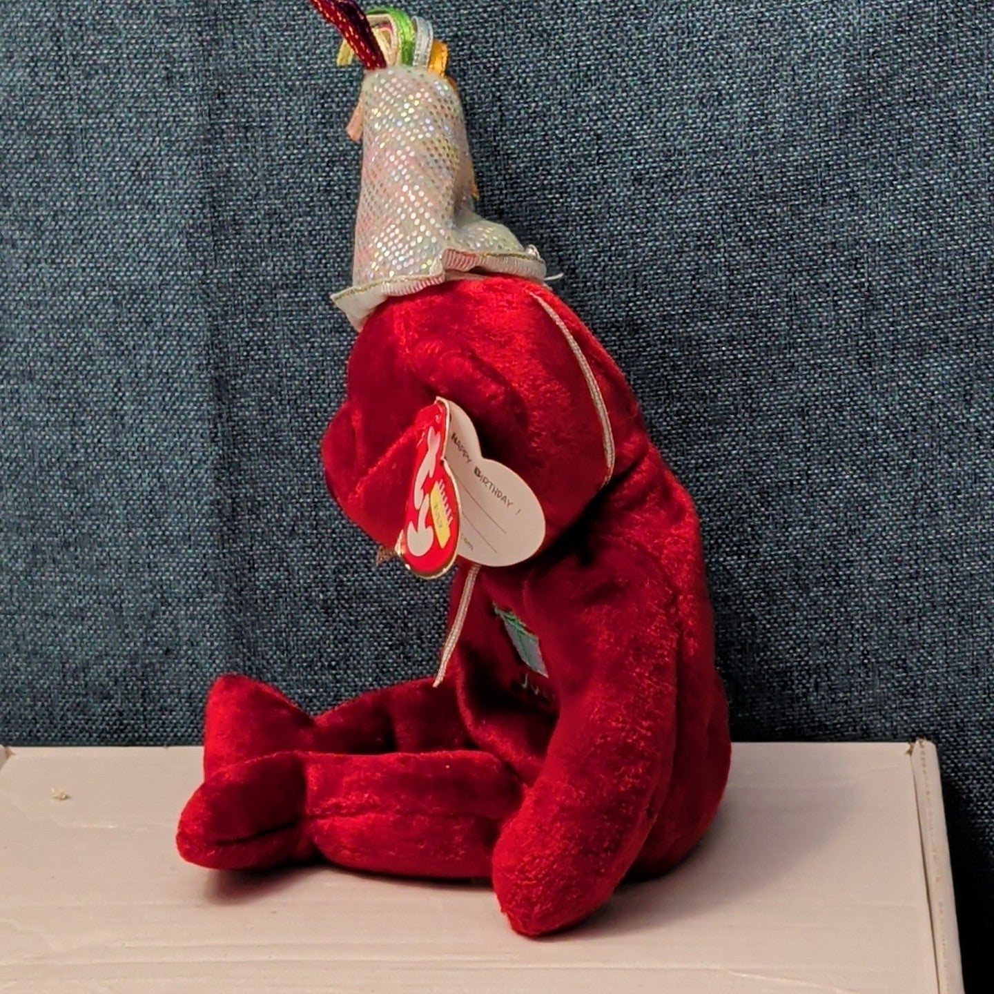 ​Ty Beanie Baby JULY Birthday Bear 2002 Red Teddy Silver Party Hat with Tag