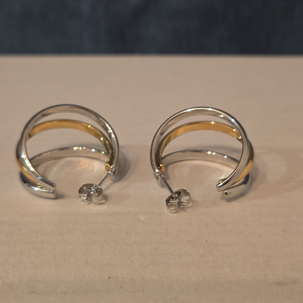 Triple Hoop Mixed Metal Gold Silver Tone Earrings Modern