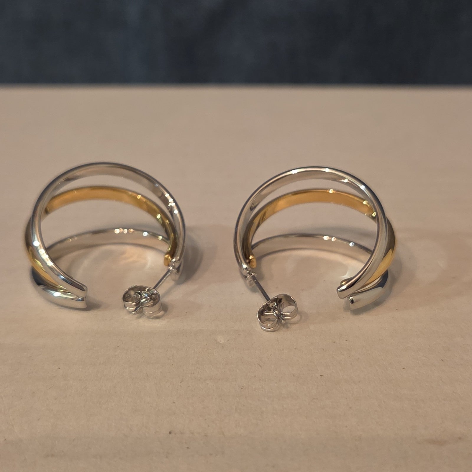Triple Hoop Mixed Metal Gold Silver Tone Earrings Modern