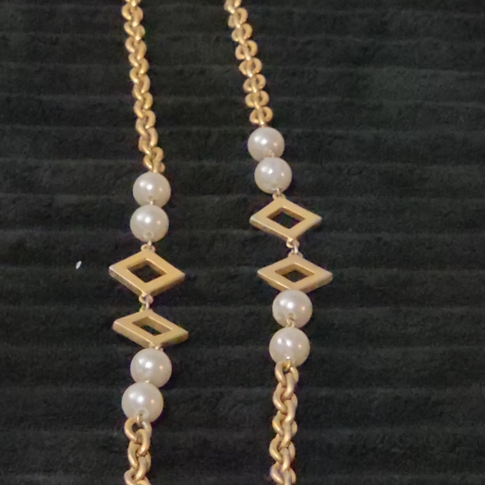 Vintage Gold Tone Geometric Necklace Long Pearl Station Diamond Link Chain 32"