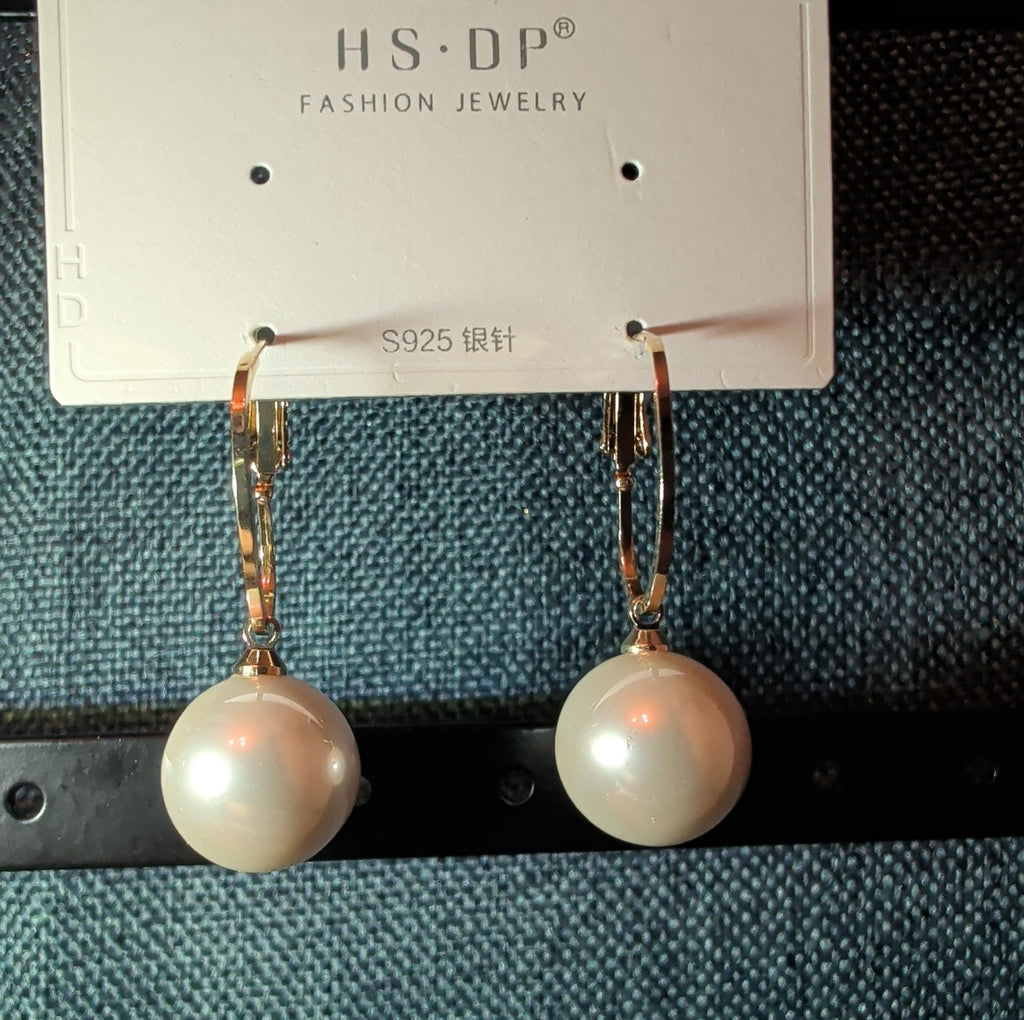 HS DP Fashion Pearl Drop Hoop Earrings 14K Gold Plated S925 Post Classic