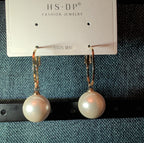 HS DP Fashion Pearl Drop Hoop Earrings 14K Gold Plated S925 Post Classic