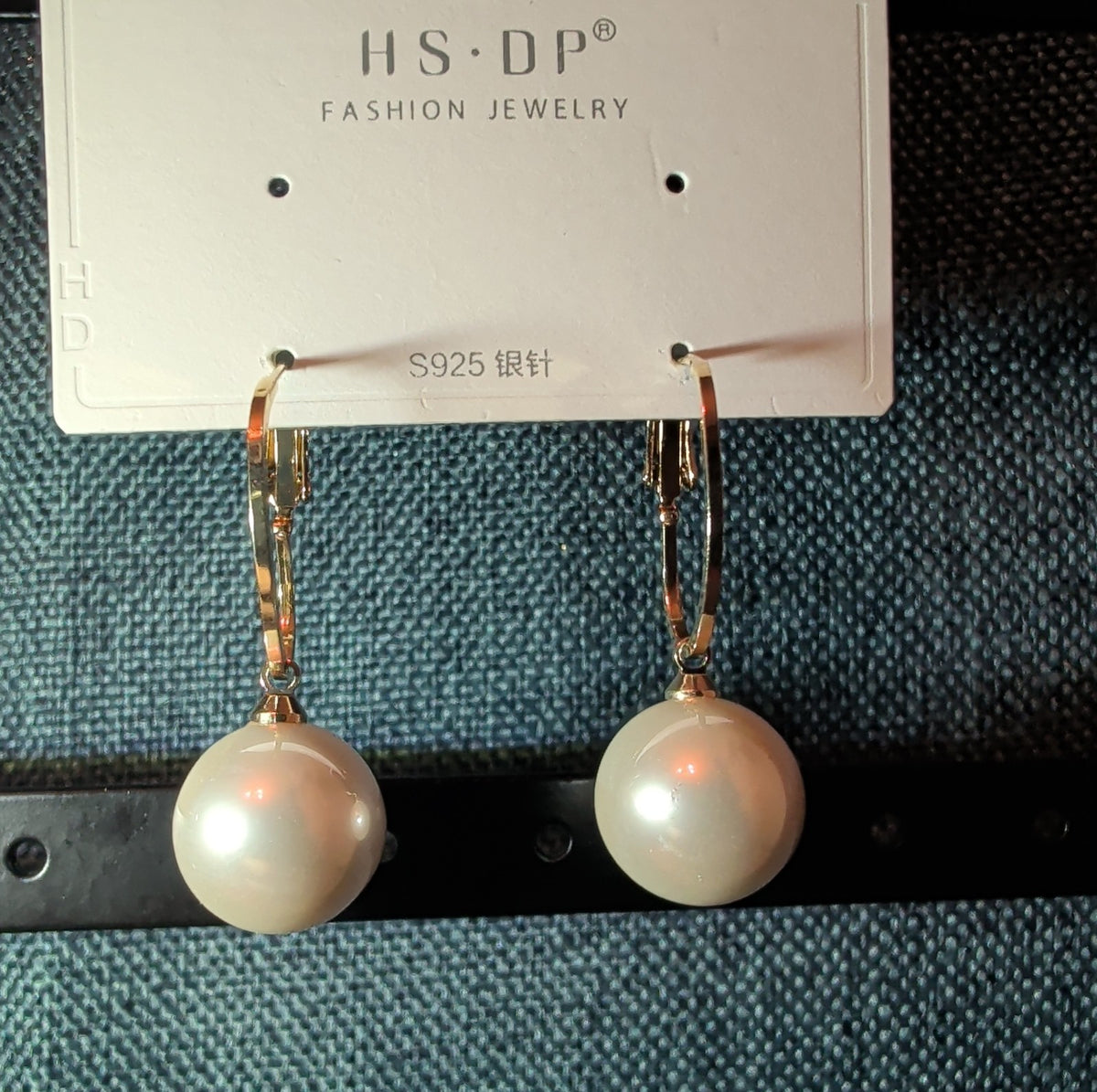 HS DP Fashion Pearl Drop Hoop Earrings 14K Gold Plated S925 Post Classic