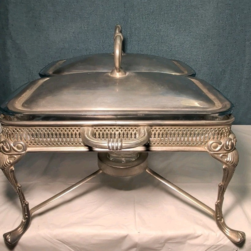 Silver Plated Double Chafer 8 Qt Buffet Server 2 Marinex Glass Pans Lion Feet