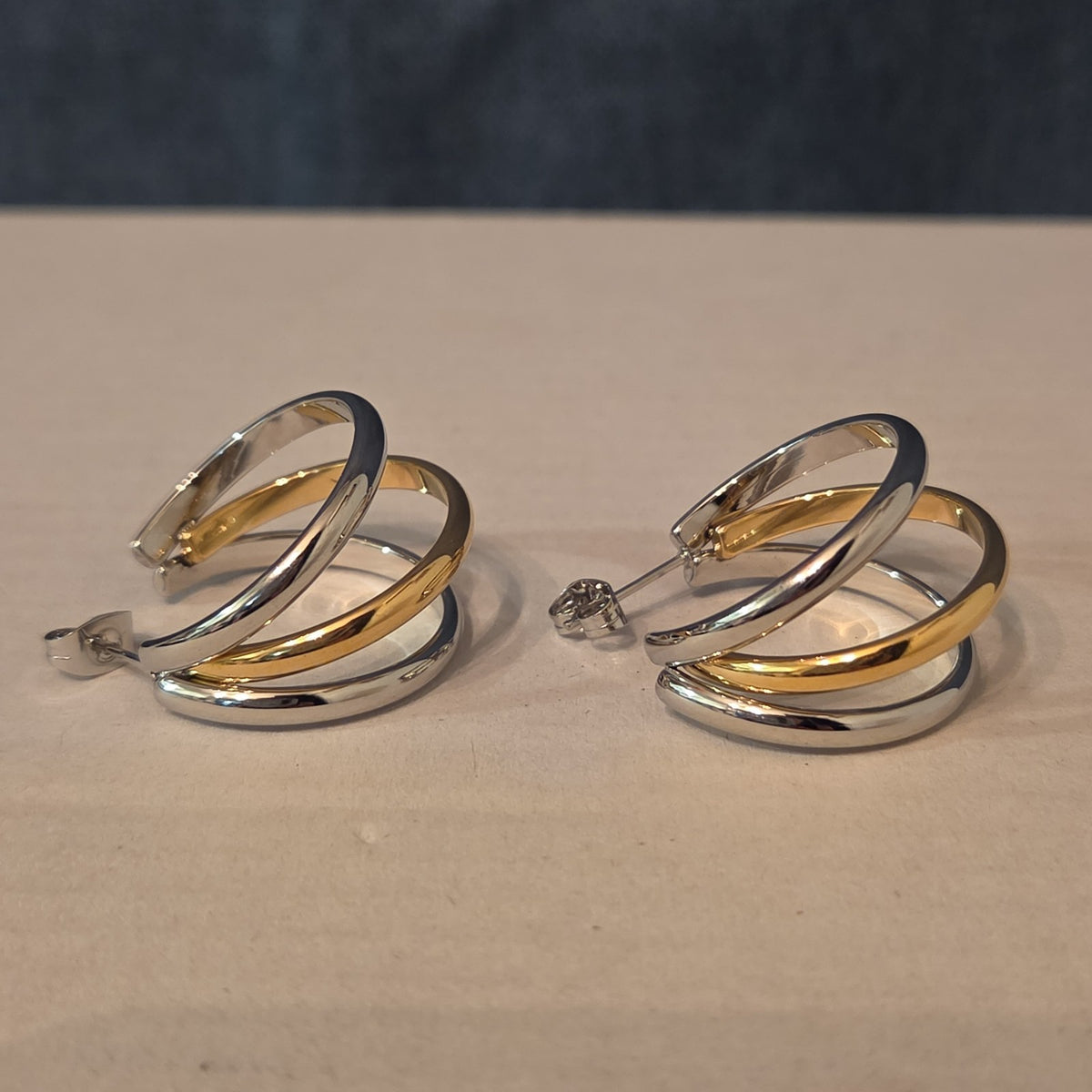 Triple Hoop Mixed Metal Gold Silver Tone Earrings Modern