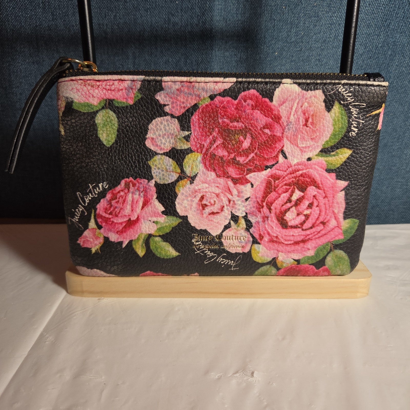 Juicy Couture Rose Floral Zipper Pouch Card Holder Black Pink Y2K