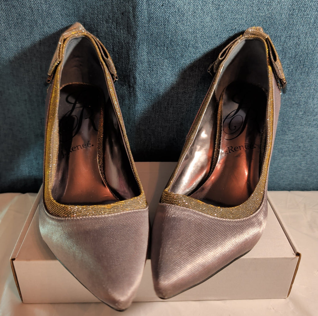 J Renee Silver Sparkly Bow Pumps 8.5 M Pointed Toe Metallic Satin