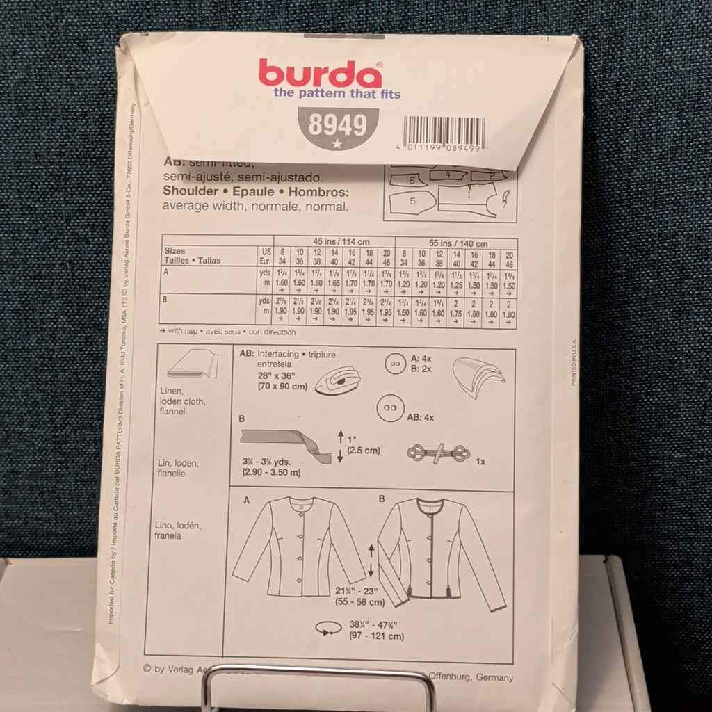 BURDA 8949 Misses Jacket Sewing Pattern | Sizes 8-20 | Easy Chanel Style UNCUT
