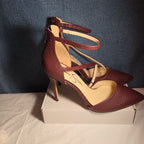 Jessica Simpson Wine Snakeskin Pumps 9M Ankle Strap Pointed Toe Zipper Heels 40