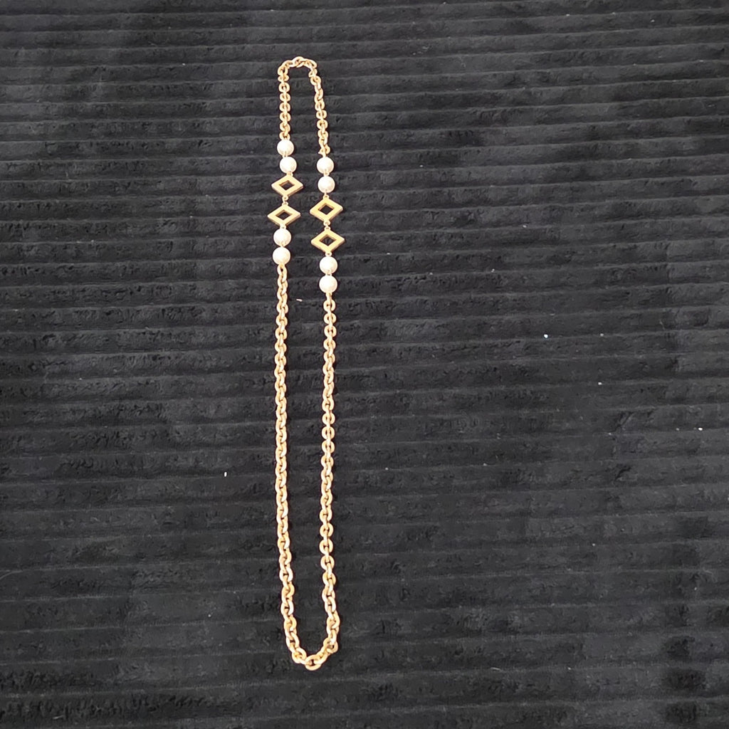 Vintage Gold Tone Geometric Necklace Long Pearl Station Diamond Link Chain 32"