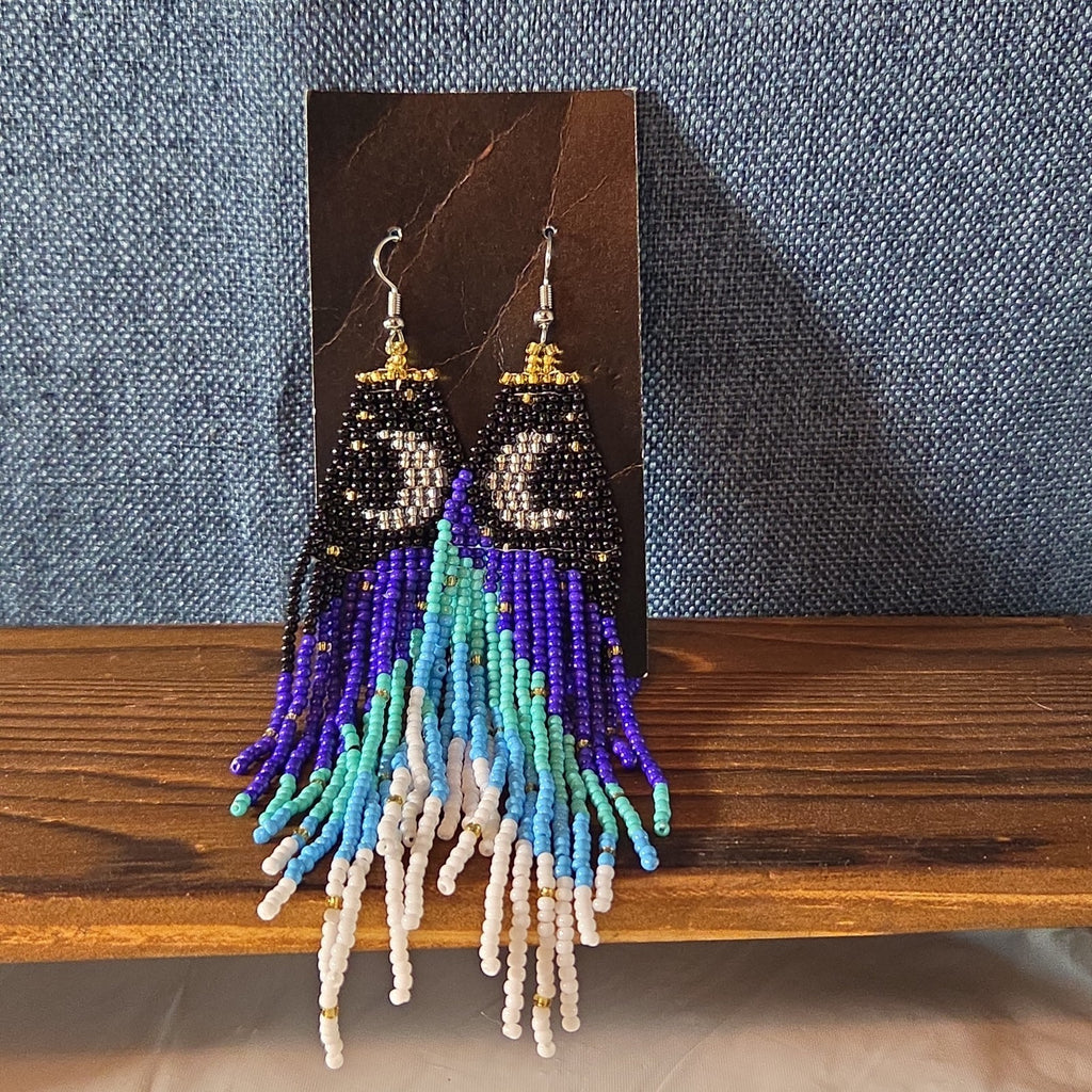 Boho Celestial Moon Seed Bead Fringe Dangle Earrings
