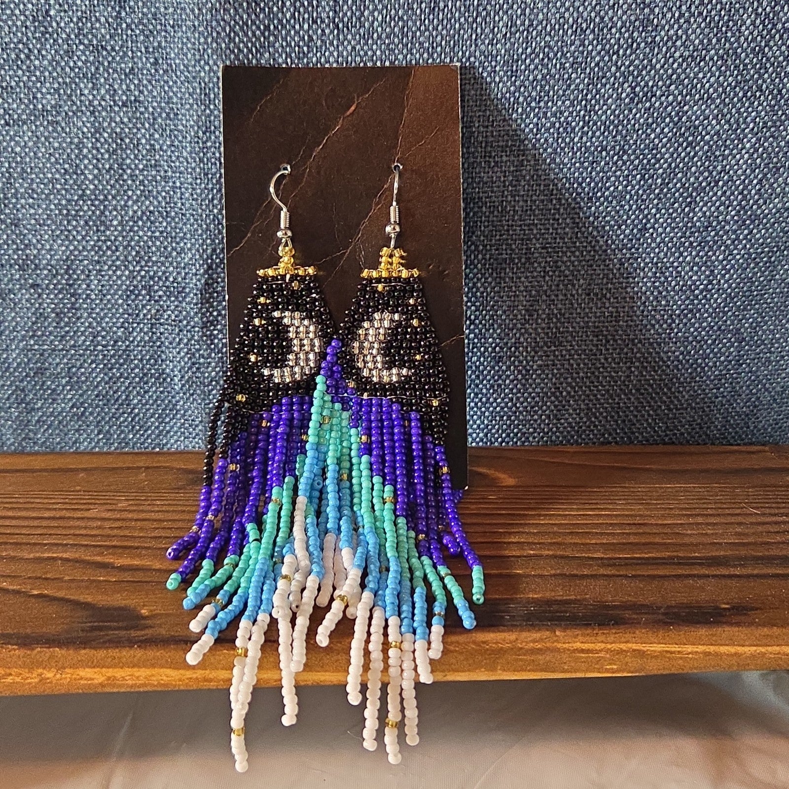 Boho Celestial Moon Seed Bead Fringe Dangle Earrings