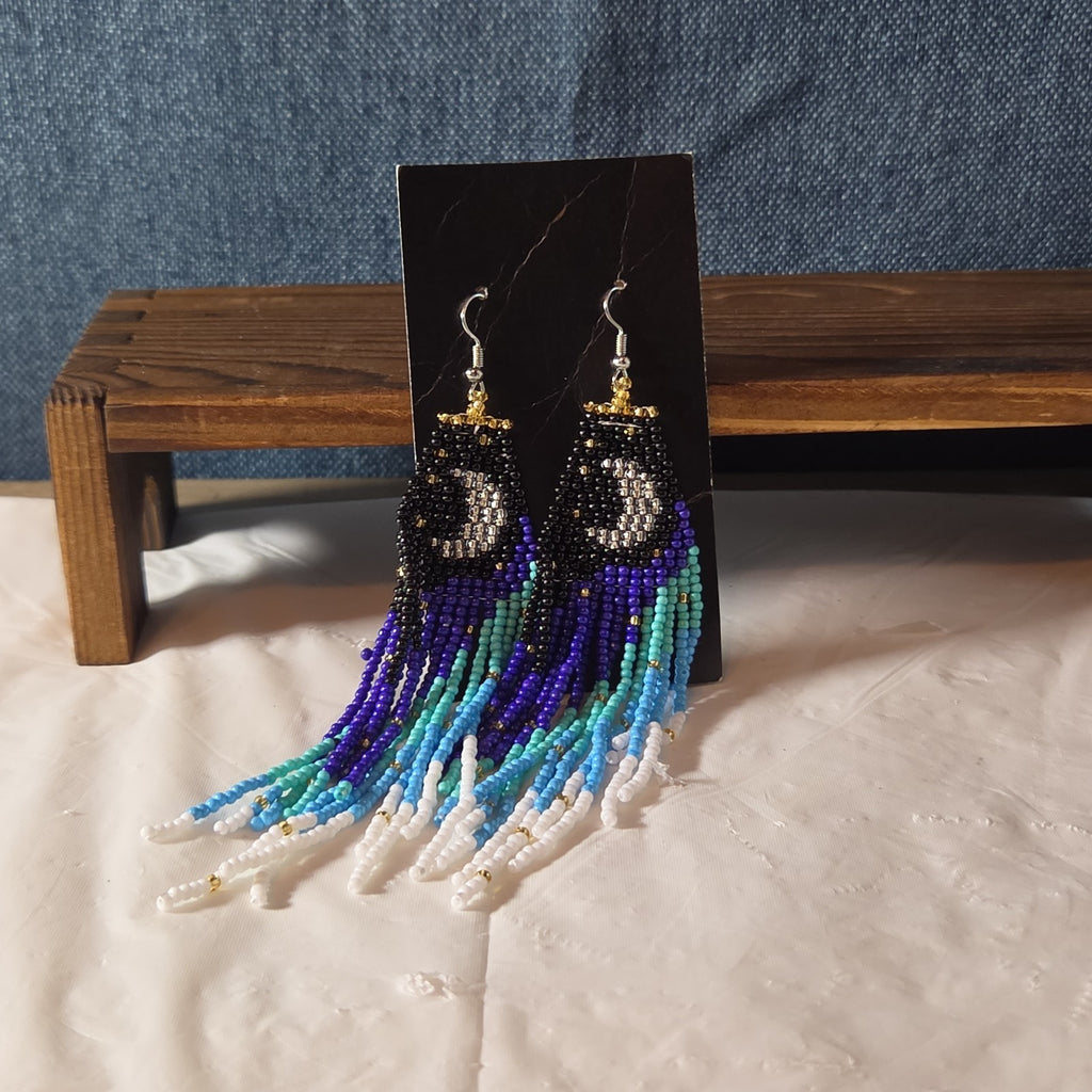 Boho Celestial Moon Seed Bead Fringe Dangle Earrings