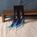 Boho Celestial Moon Seed Bead Fringe Dangle Earrings