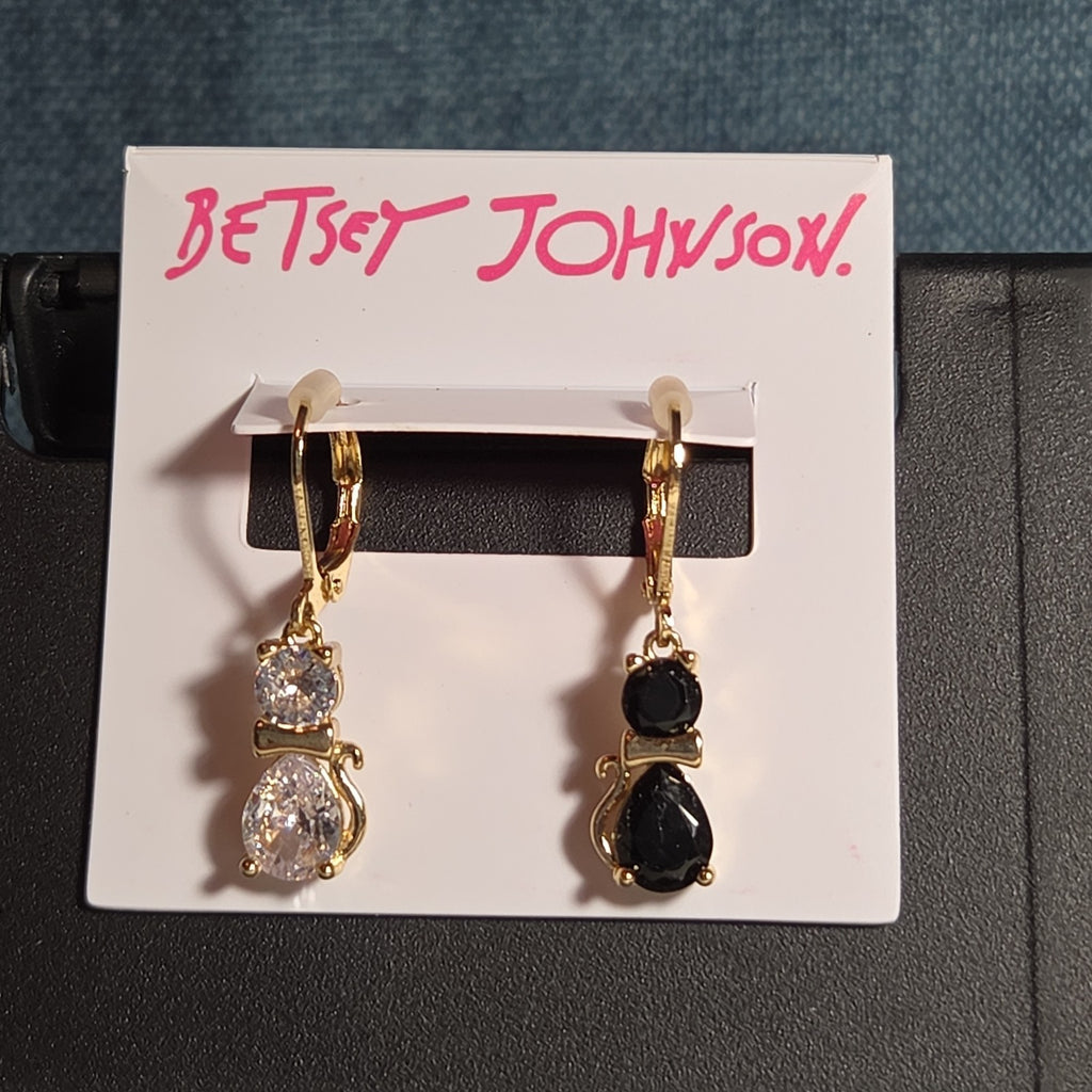 Betsey Johnson Mismatched Cat CZ Drop Earrings