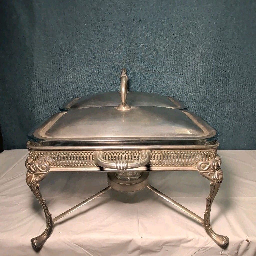 Silver Plated Double Chafer 8 Qt Buffet Server 2 Marinex Glass Pans Lion Feet
