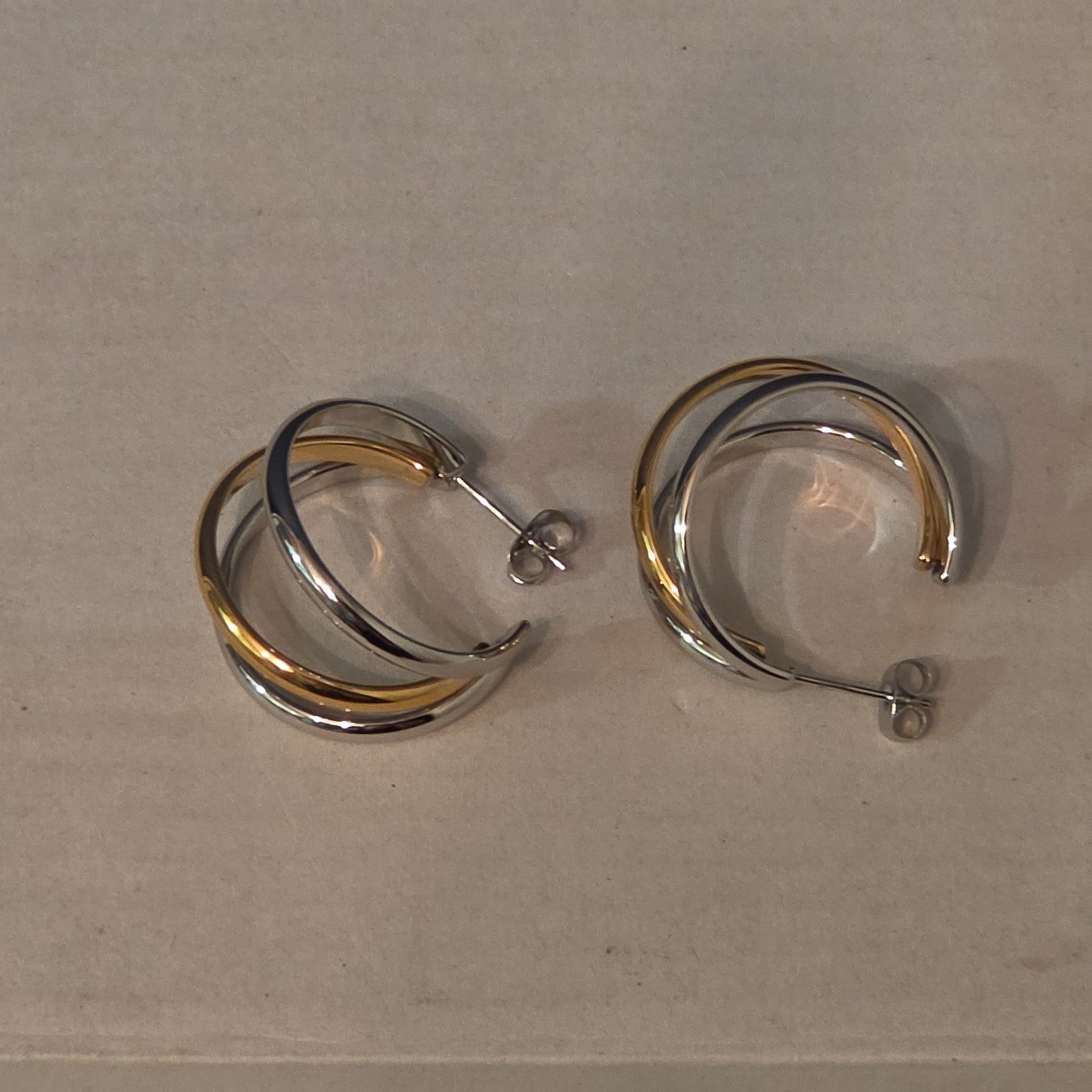Triple Hoop Mixed Metal Gold Silver Tone Earrings Modern