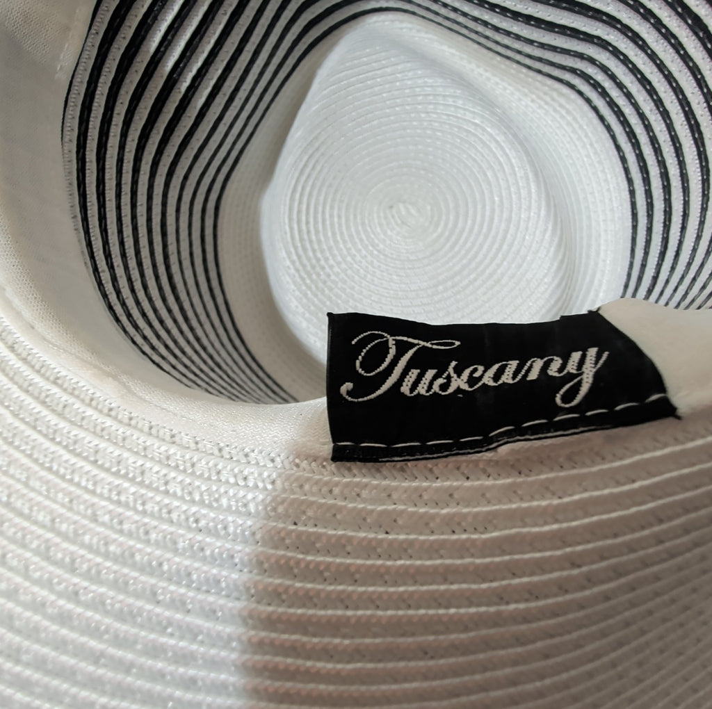 Tuscany Wide Brim Church Derby Dress Hat Black White Flower Bow Ribbon