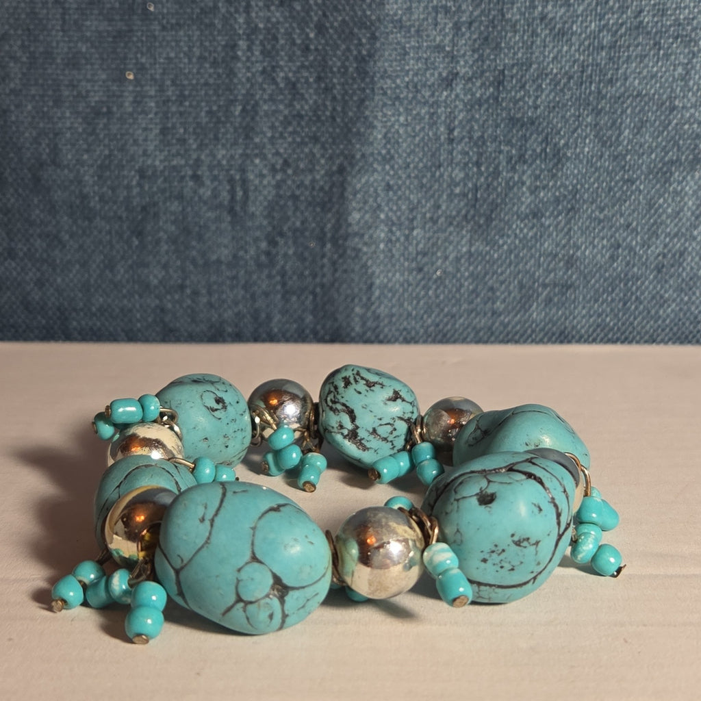 Chunky Faux Turquoise Silver Tone Stretch Bracelet Boho Y2K NWOT