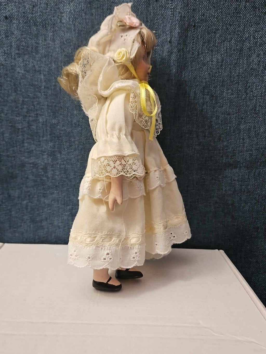 Vintage 8" Porcelain Doll | Blonde with Bonnet & Ruffled Dress