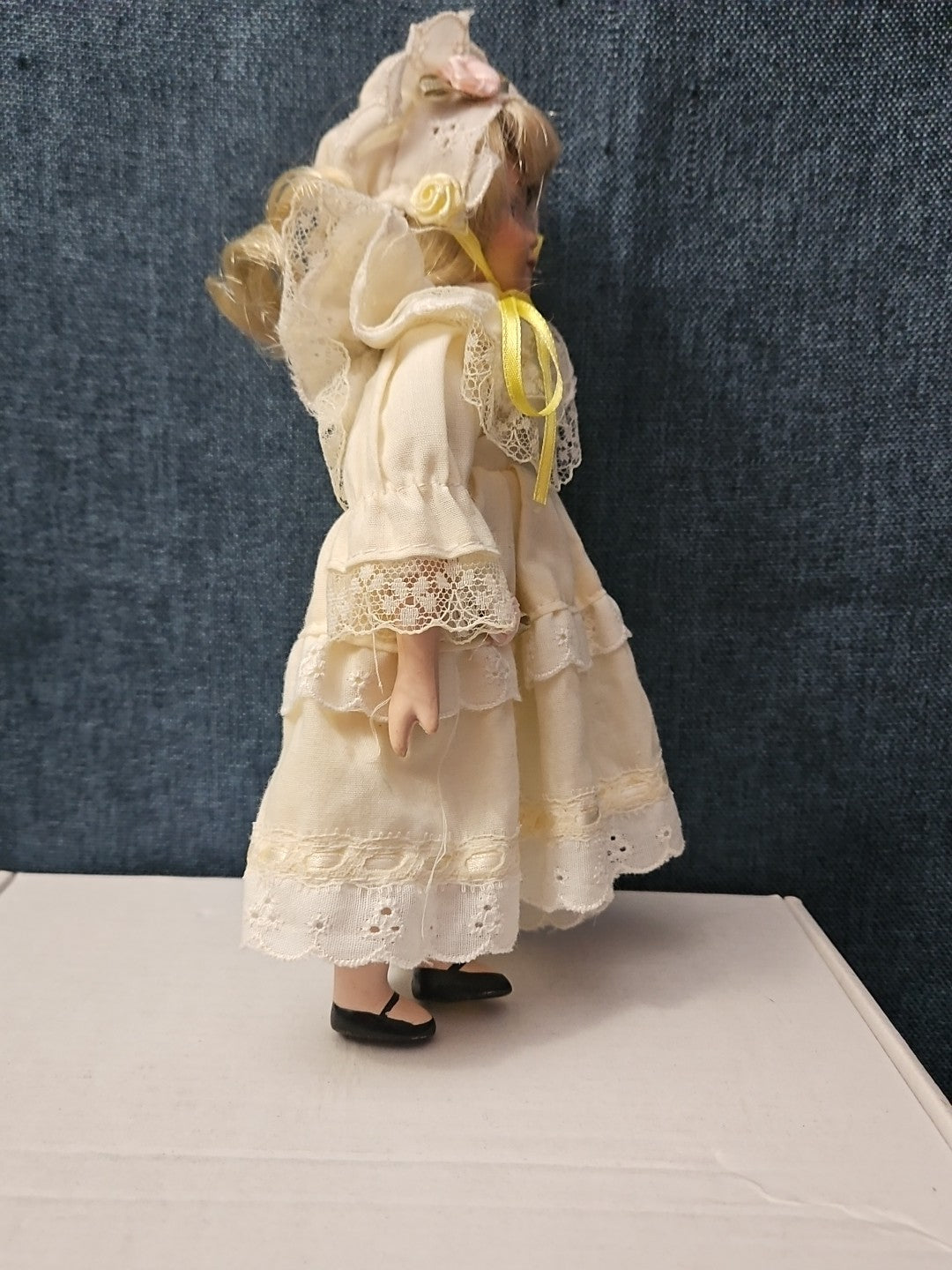 Vintage 8" Porcelain Doll | Blonde with Bonnet & Ruffled Dress