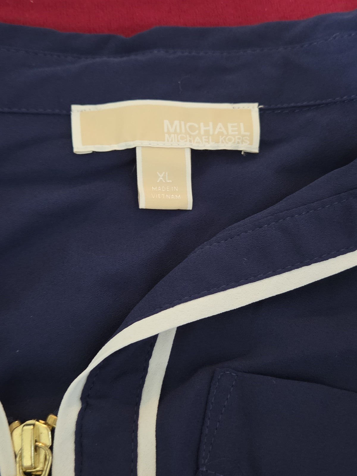 Michael Kors Blouse XL Navy Blue Zip Front Roll Tab Sleeve Shirt Gently Used