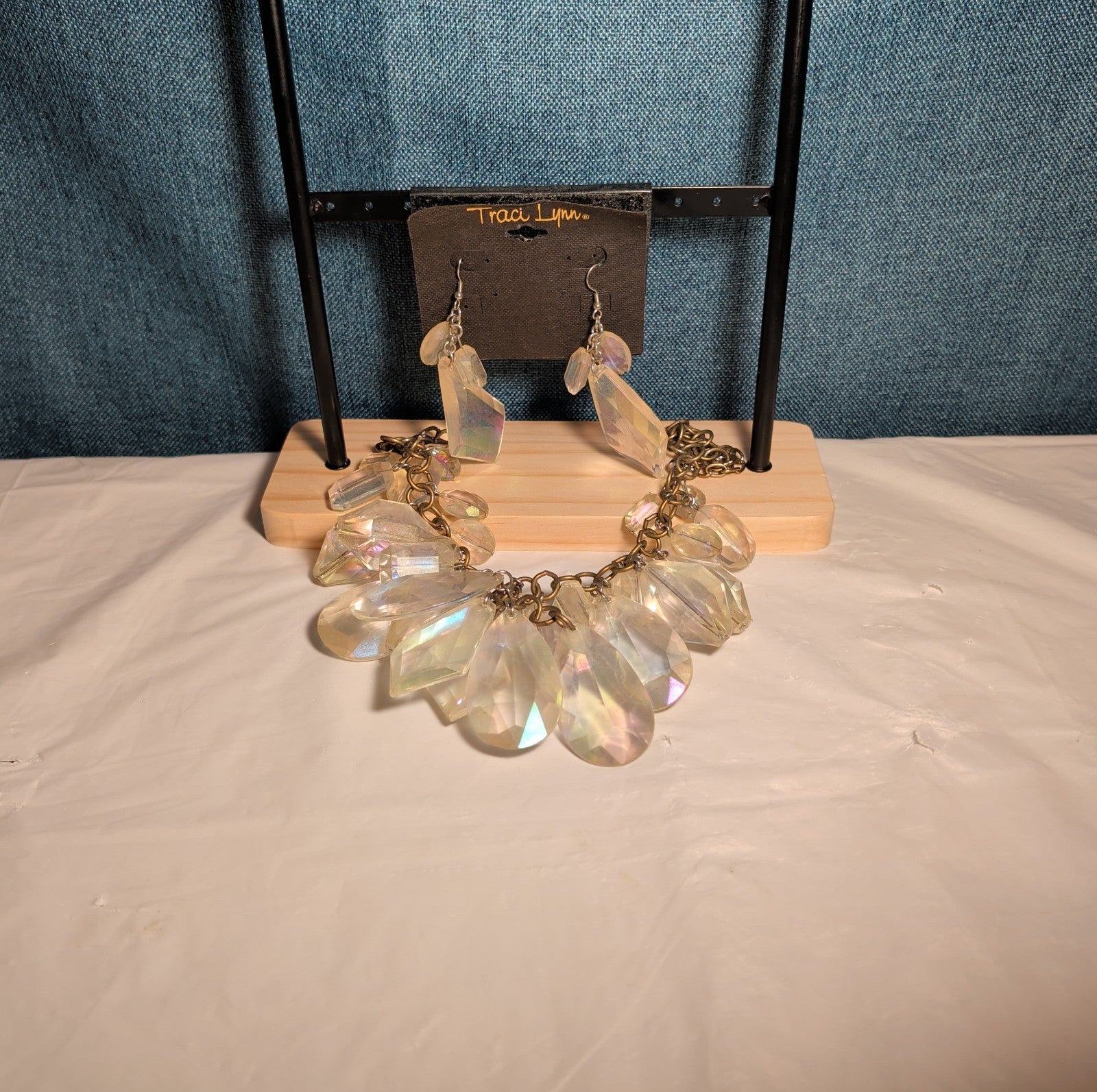 Traci Lynn Iridescent Statement Bib Necklace Earring Set Vintage Style