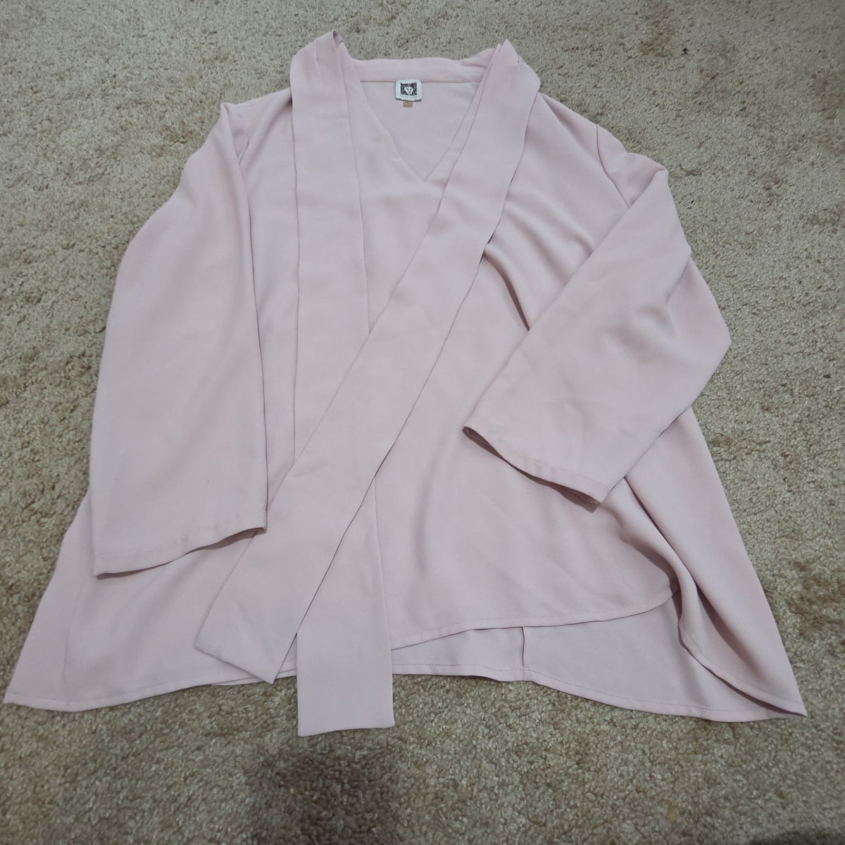 Anne Klein Blouse L Pink Tie Neck V-Neck Long Sleeve Career Top