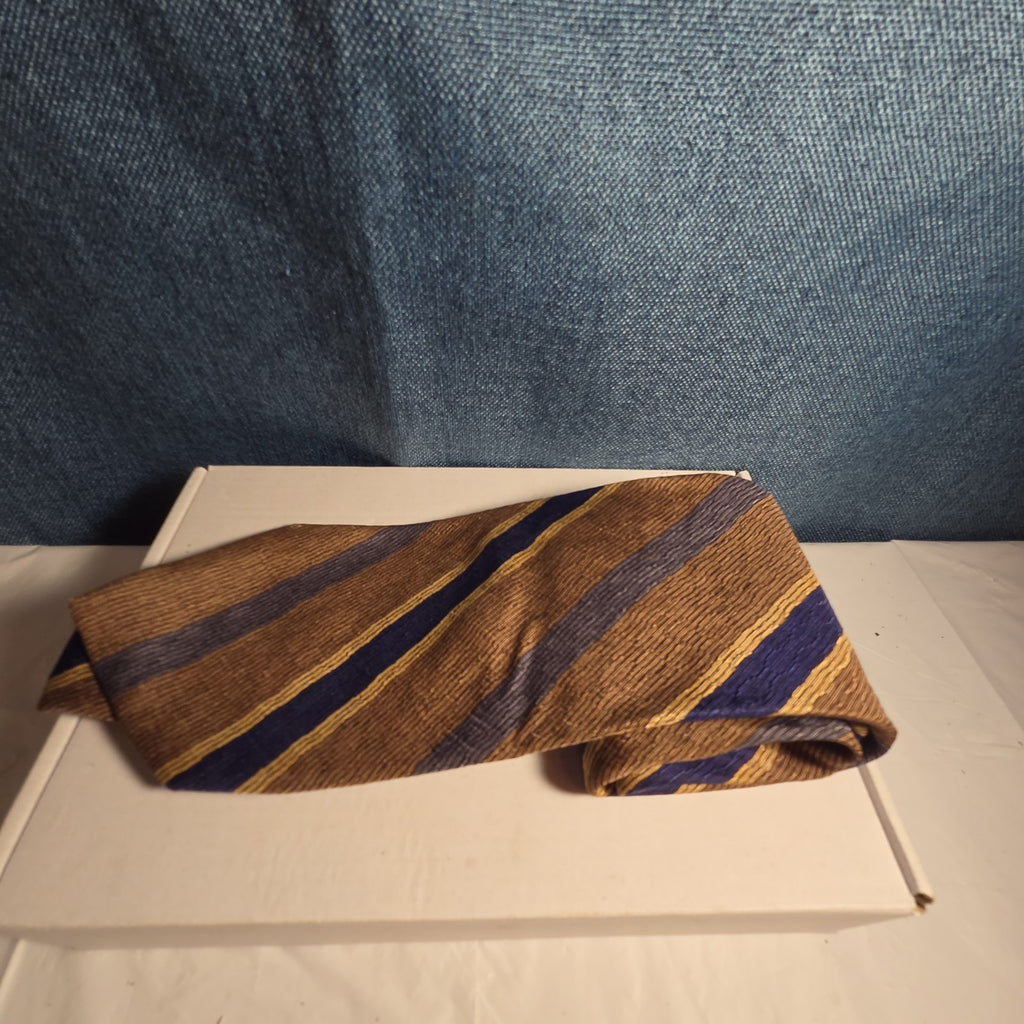 J.Z. Richards Silk Tie Edwards Michigan Brown Blue Stripe Frayed As Is Vest Tie