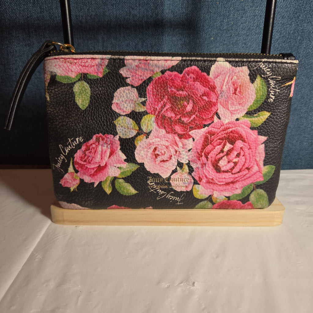 Juicy Couture Rose Floral Zipper Pouch Card Holder Black Pink Y2K