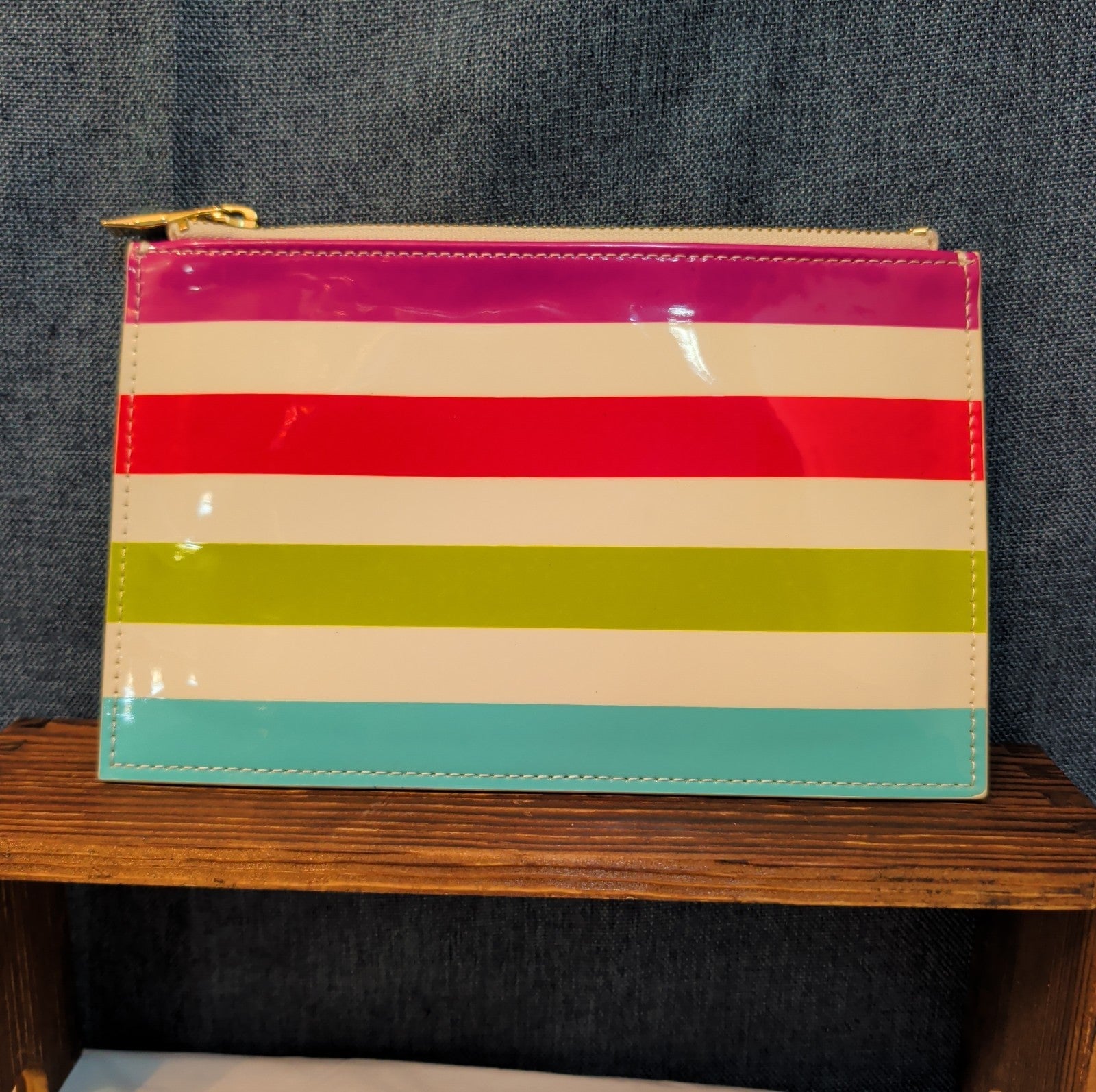 Kate Spade Striped Pencil Case Makeup Pouch Glossy Patent Preppy