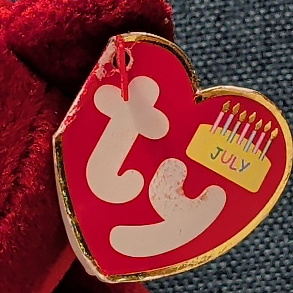 ​Ty Beanie Baby JULY Birthday Bear 2002 Red Teddy Silver Party Hat with Tag