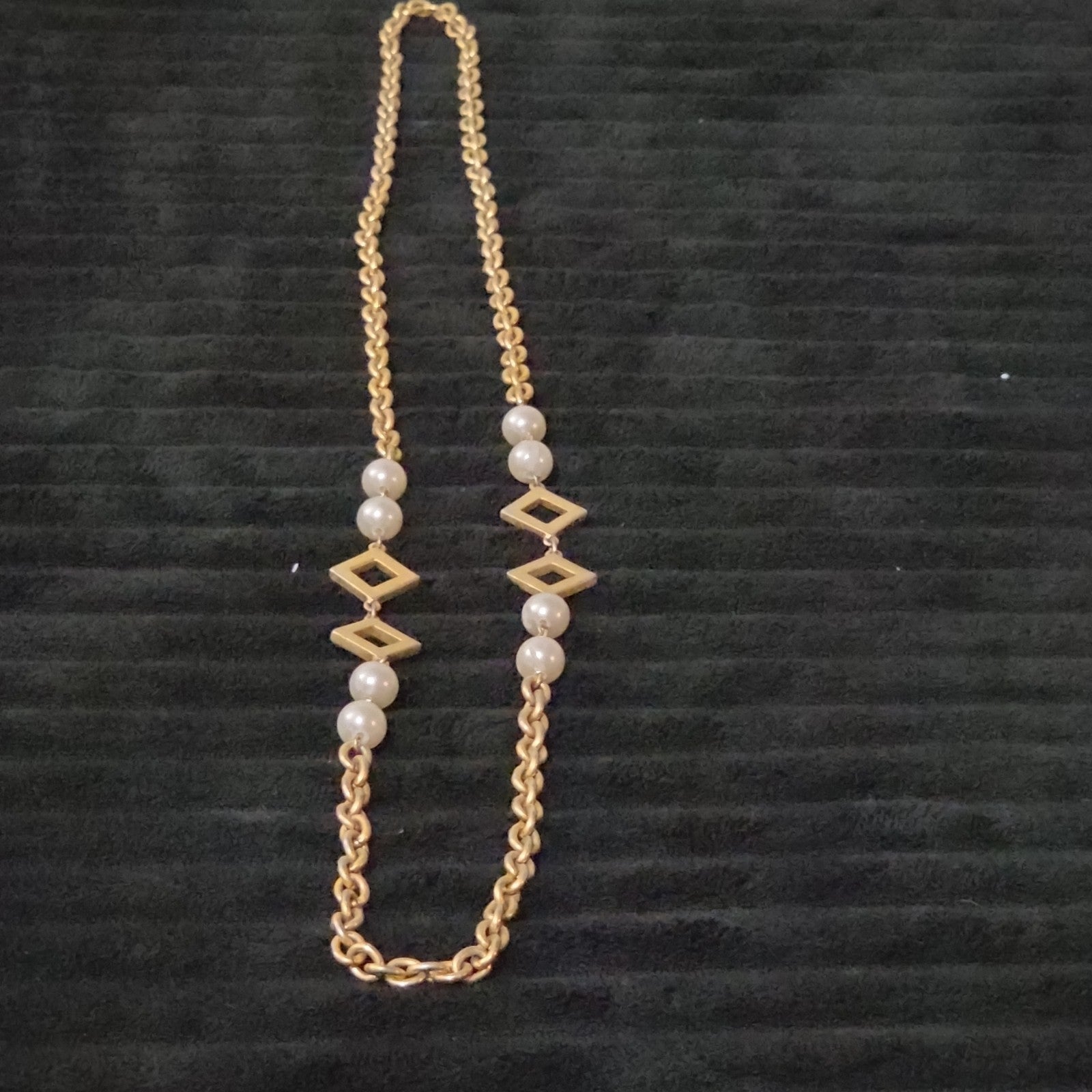 Vintage Gold Tone Geometric Necklace Long Pearl Station Diamond Link Chain 32"