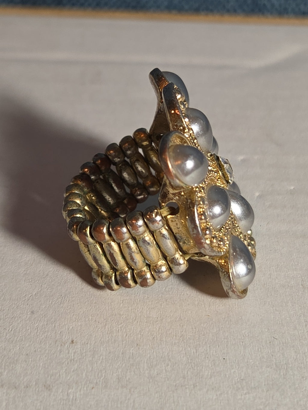 Sarah Coventry Pearl Rhinestone Flower Ring Vintage  Adjustable