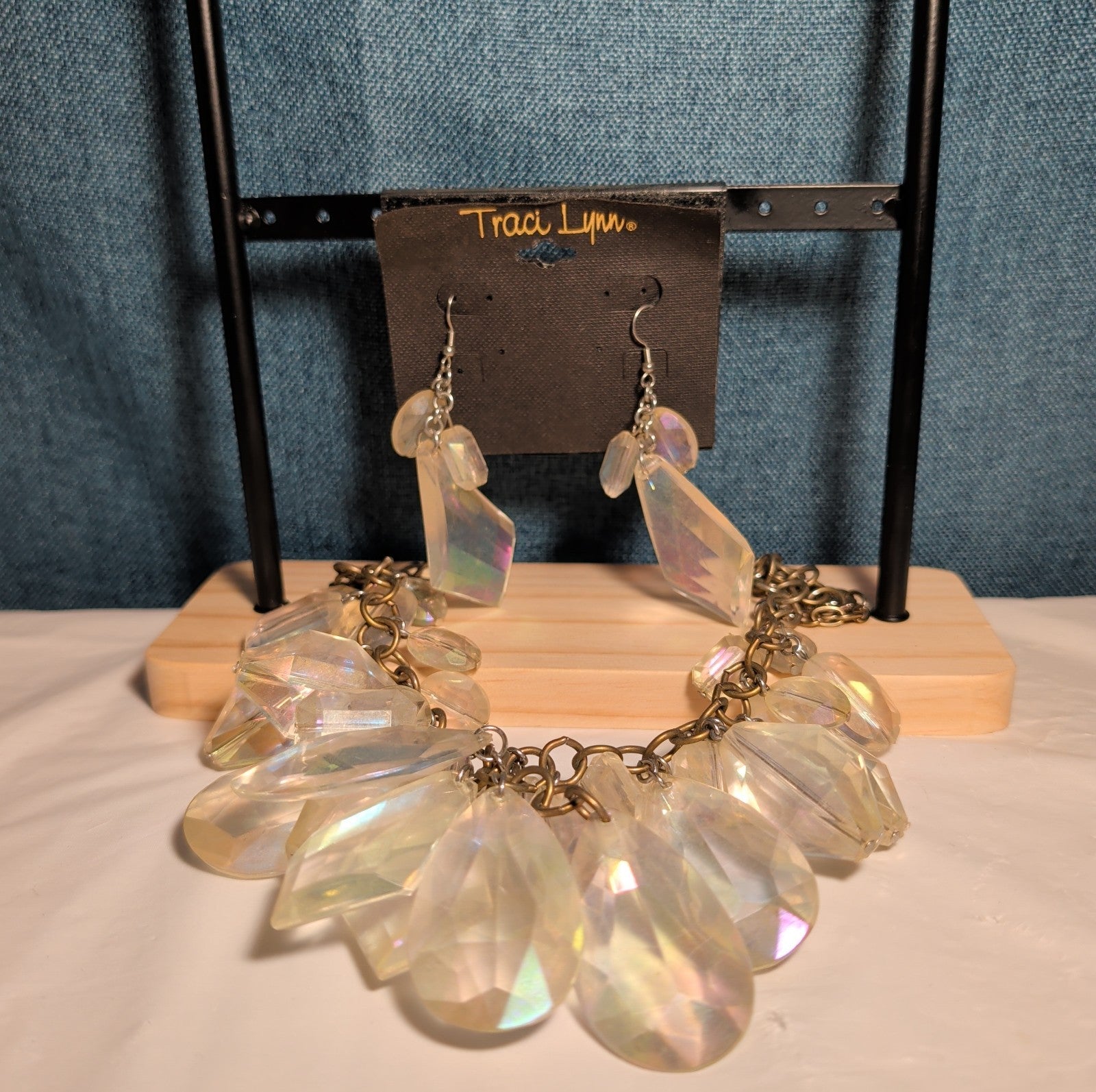 Traci Lynn Iridescent Statement Bib Necklace Earring Set Vintage Style