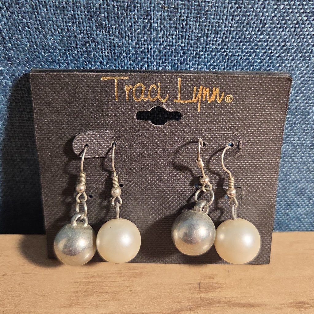 Traci Lynn Faux Pearl Silver Ball Hook Drop Earrings