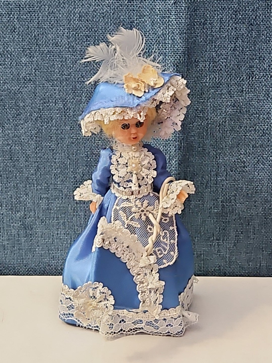 Vintage Brussels Souvenir Doll | 6" Belgium Blue Dress | "Bruxelles" Lace Apron