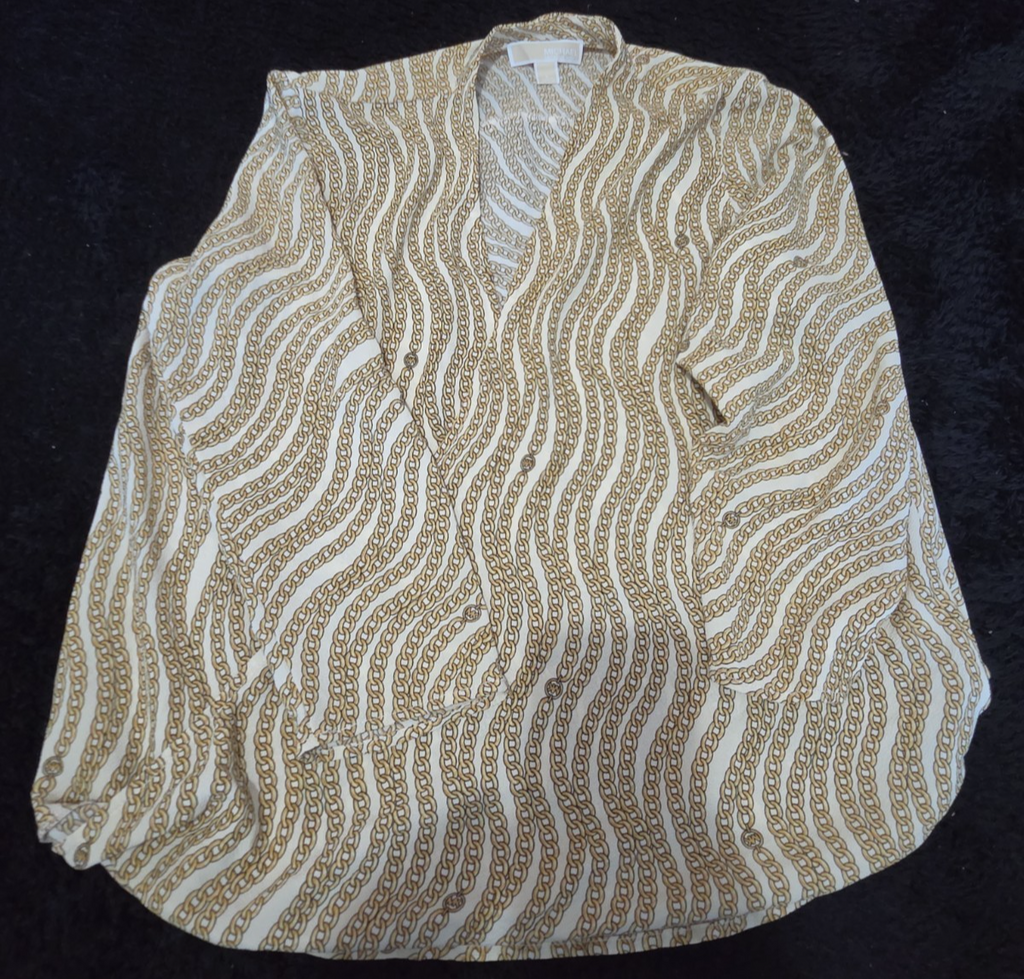 Michael Kors Blouse Gold Chain Link Print Wrap V-Neck Stretch Top L Gently Used