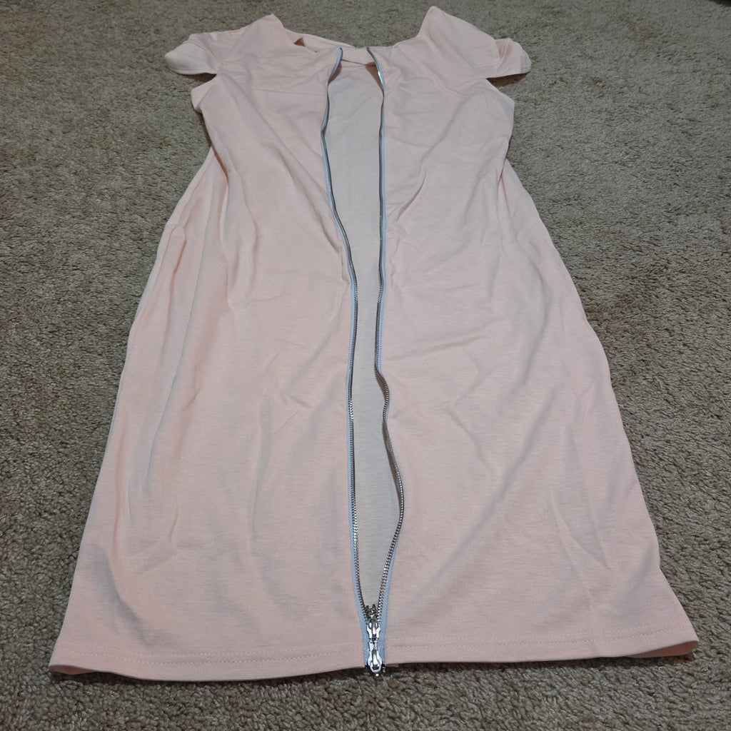 Blush Pink Midi Dress Full Zip Cutout Short Sleeve Bodycon XXL