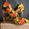 Liliana Fruit Print Pumps 8.5 Scalloped Stiletto Heels Watercolor Fruit Salad