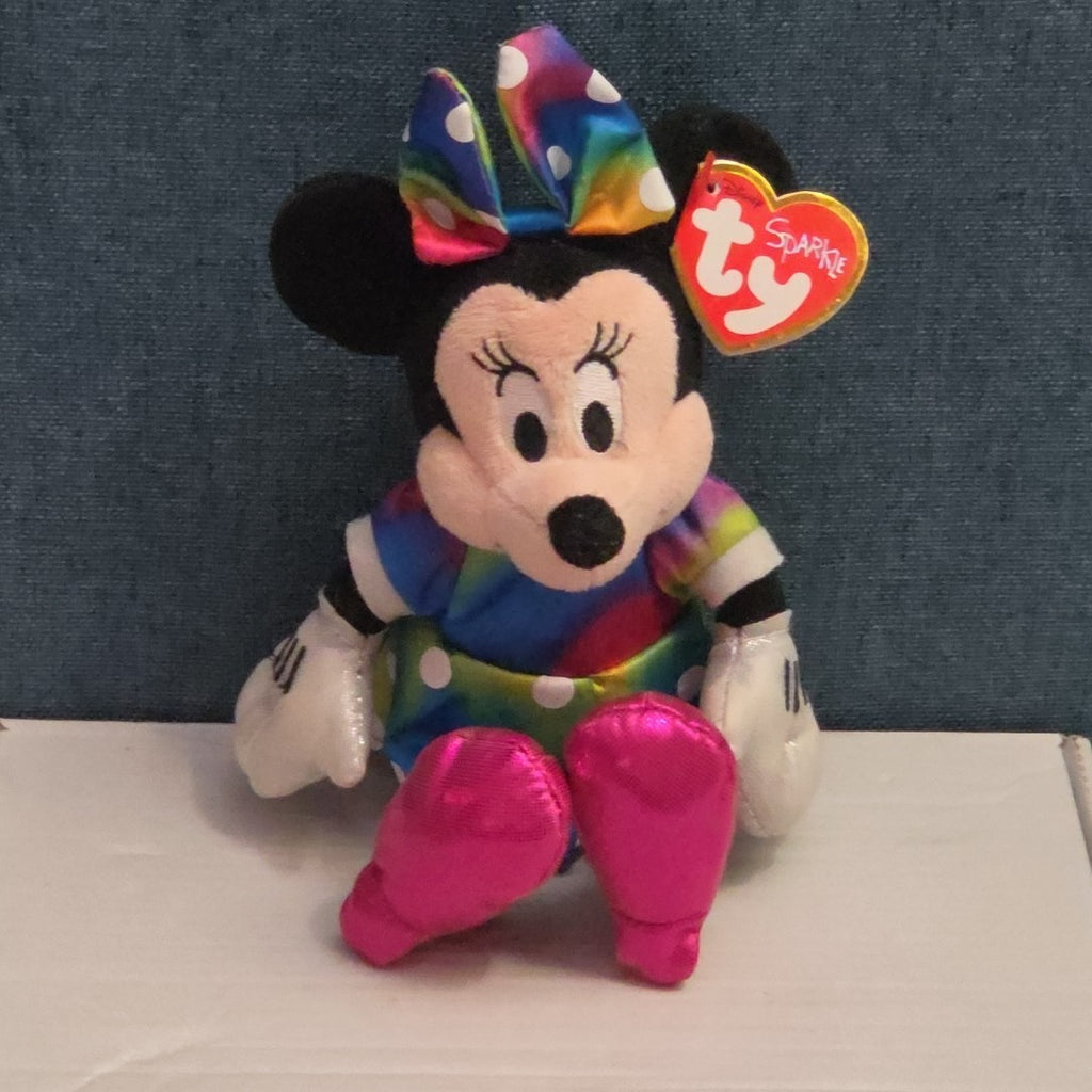Ty Disney Beanie Baby Minnie Mouse Sparkle Rainbow Dress Metallic Pink Shoes