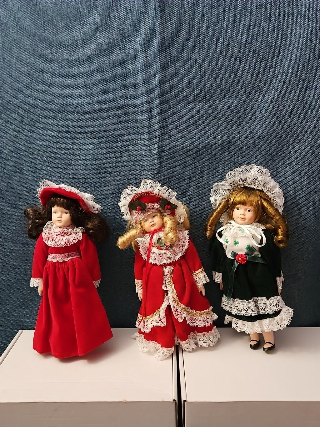 Set of 3 Vintage Porcelain Dolls | Red & Green Velvet | Christmas Carolers