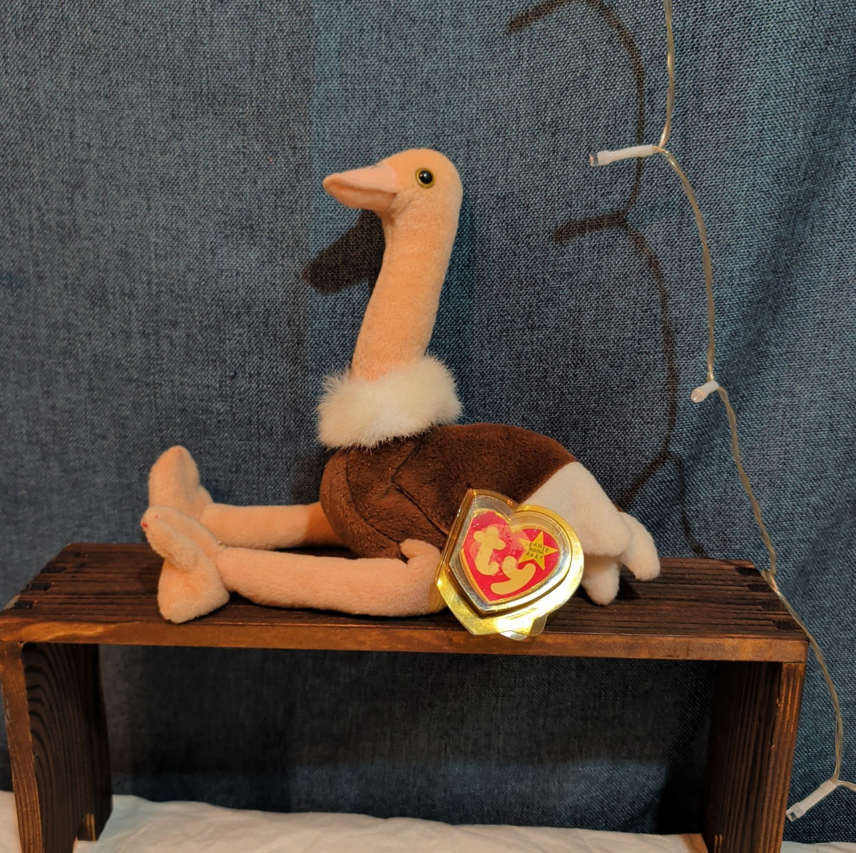 TY Beanie Baby Stretch Ostrich Plush PE Pellets 1997 Vintage With Heart Protect