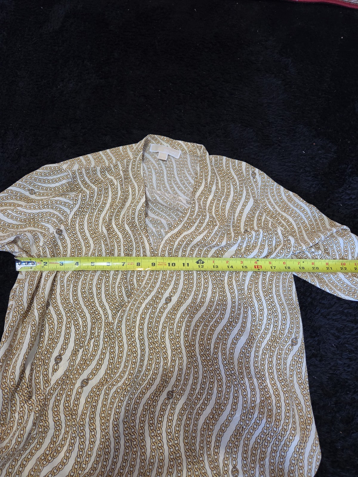 Michael Kors Blouse Gold Chain Link Print Wrap V-Neck Stretch Top L Gently Used