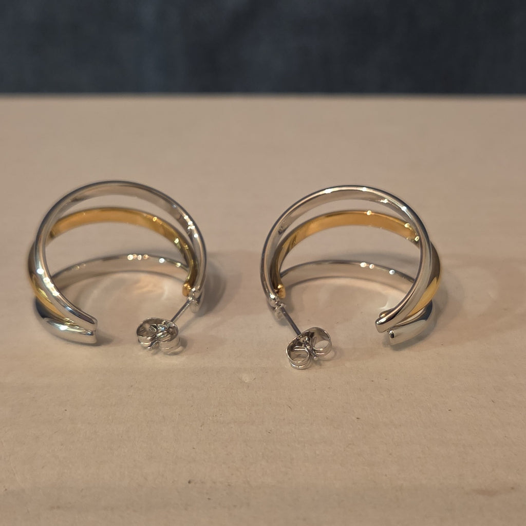 Triple Hoop Mixed Metal Gold Silver Tone Earrings Modern