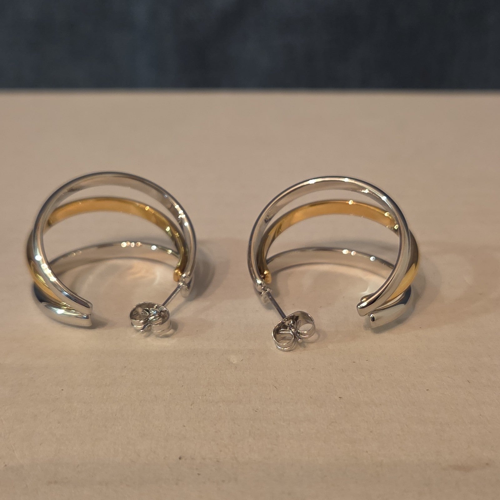 Triple Hoop Mixed Metal Gold Silver Tone Earrings Modern