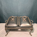 Silver Plated Double Chafer 8 Qt Buffet Server 2 Marinex Glass Pans Lion Feet